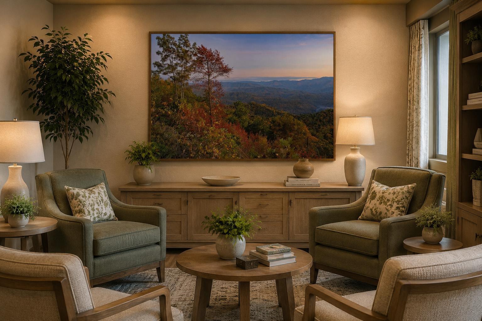 Senior living resident lounge with calming foggy country lane landscape photography by Dan Sproul