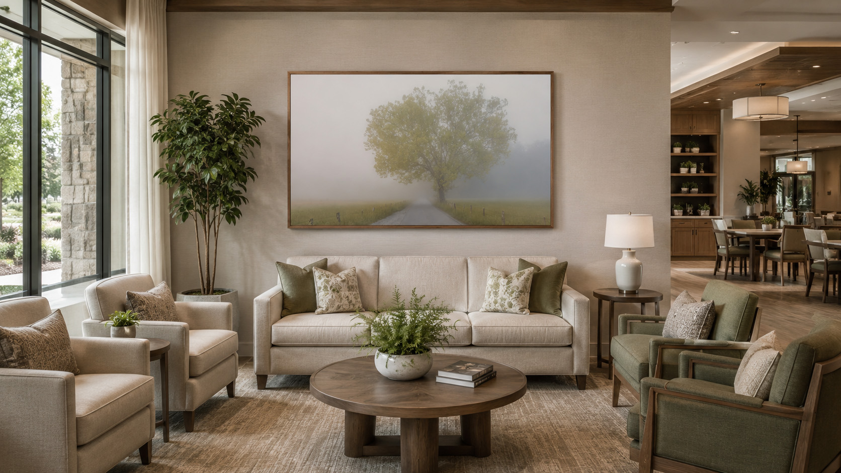 Senior living artwork spec sheet preview with resident lounge artwork by Dan Sproul