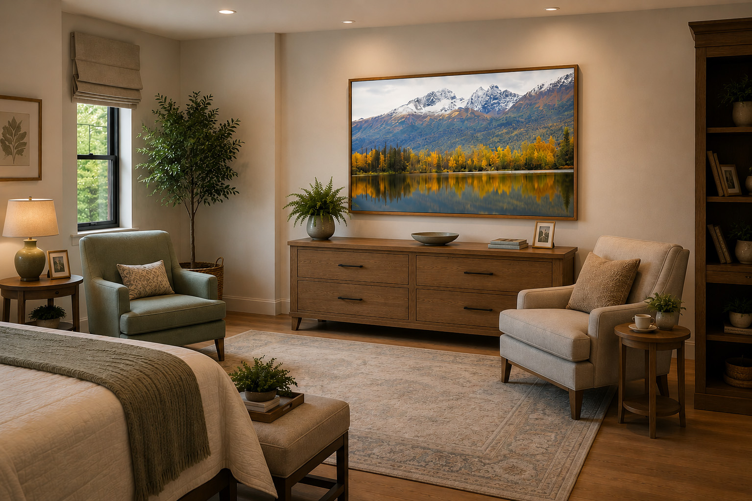 Senior living private resident room with autumn mountain reflection photography by Dan Sproul