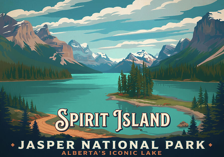 Spirit Island Jasper National Park Alberta vintage travel poster print