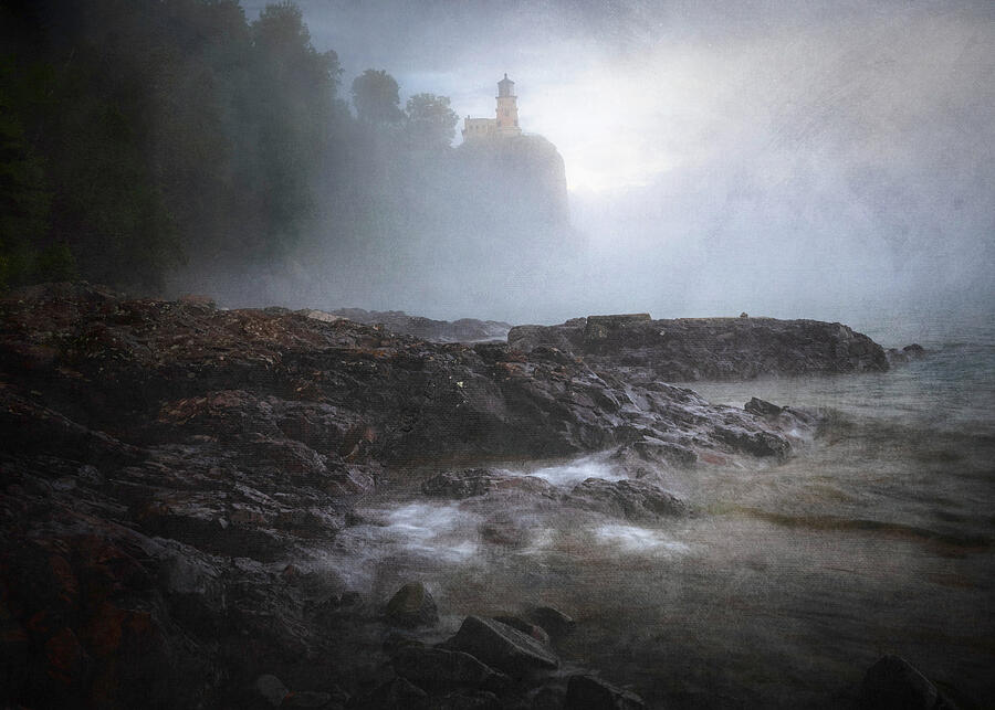 Split Rock Lighthouse in Lake Superior fog coastal photography print by Dan Sproul