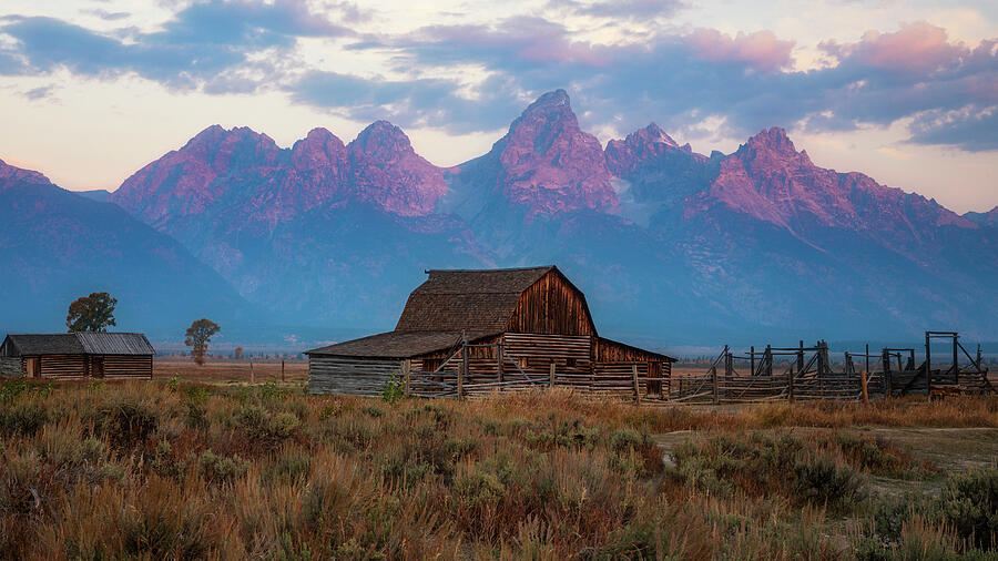 T. A. Moulton Barn beneath pink alpenglow on the Teton Range at Mormon Row