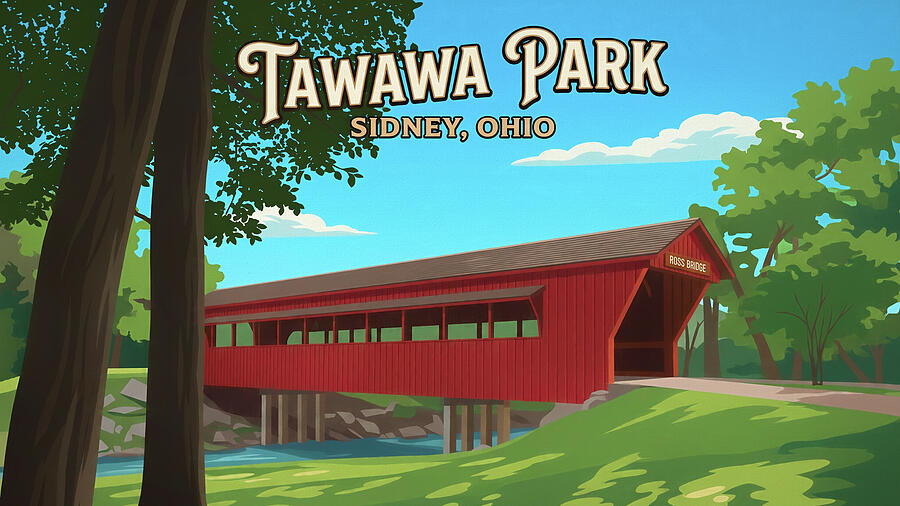 Tawawa Park Ross Covered Bridge Sidney Ohio travel poster print