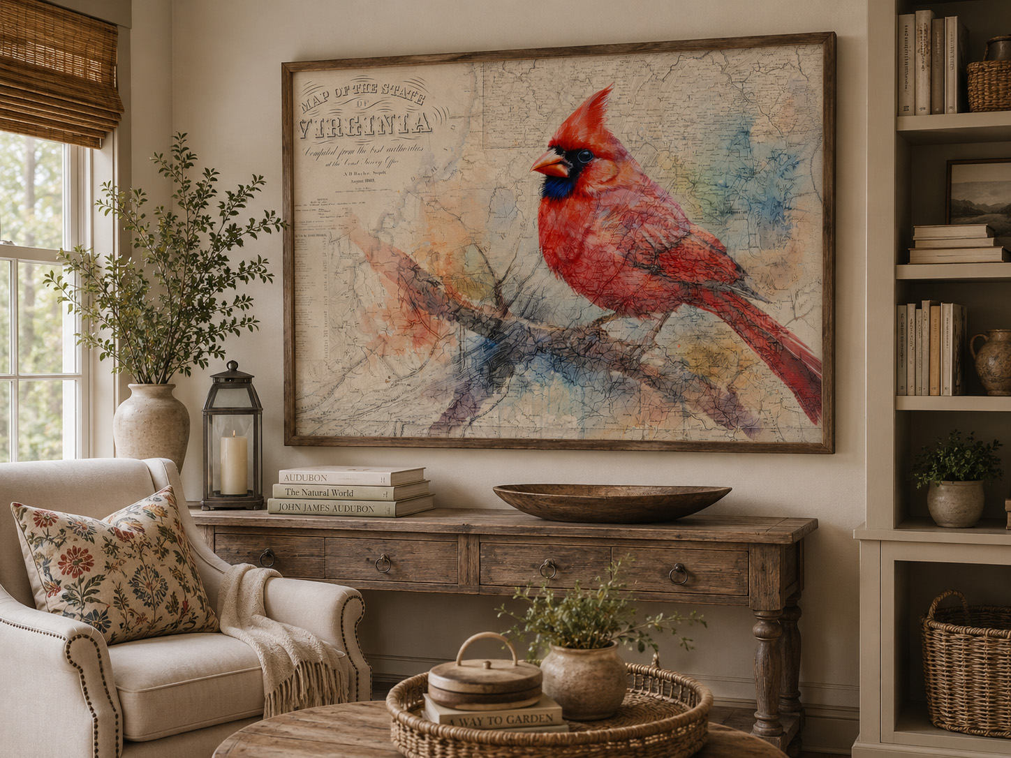 Virginia State Map &amp; Cardinal Bird mixed media artwork displayed in an interior design mockup