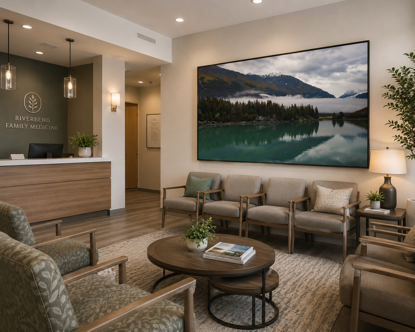 Family medicine waiting room with Valdez Alaska lake reflection artwork by Dan Sproul