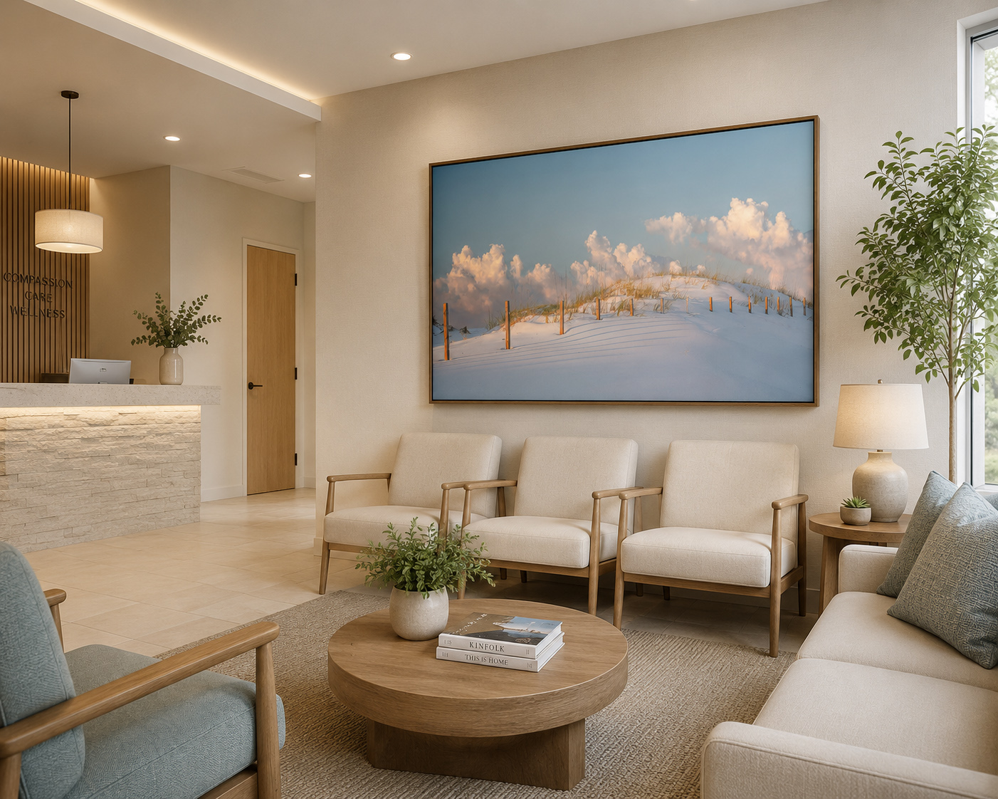 Wellness waiting room with pastel sunrise Okaloosa Island artwork by Dan Sproul