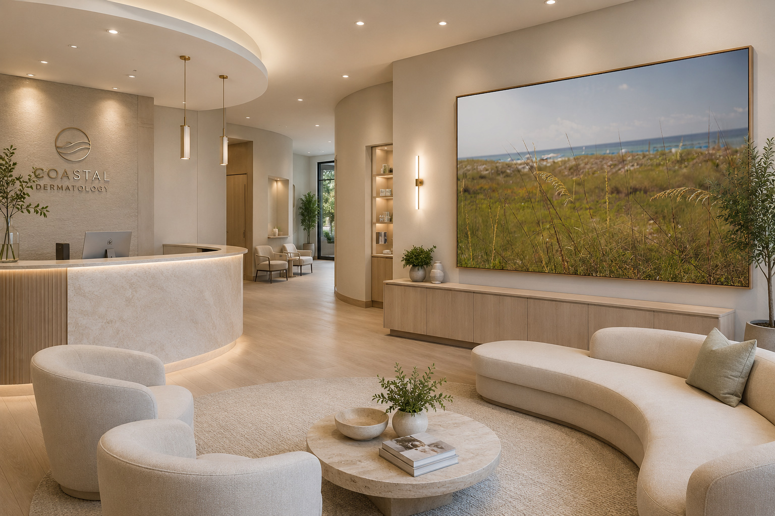 Coastal dermatology waiting room with sea oats beach artwork by Dan Sproul