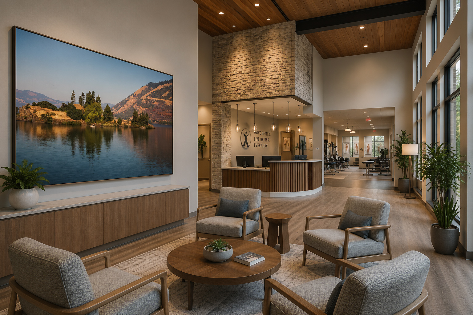 Physical therapy waiting room with Columbia River Island landscape artwork by Dan Sproul