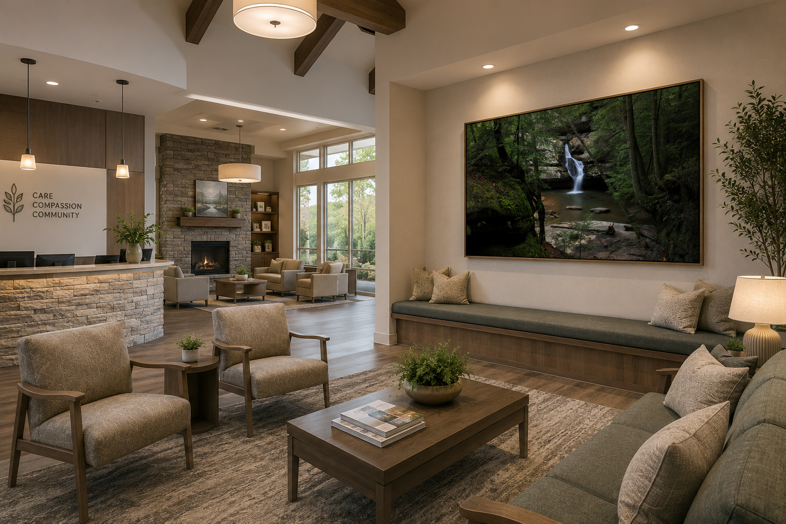 Waiting room with Hocking Hills Cedar Falls waterfall artwork by Dan Sproul