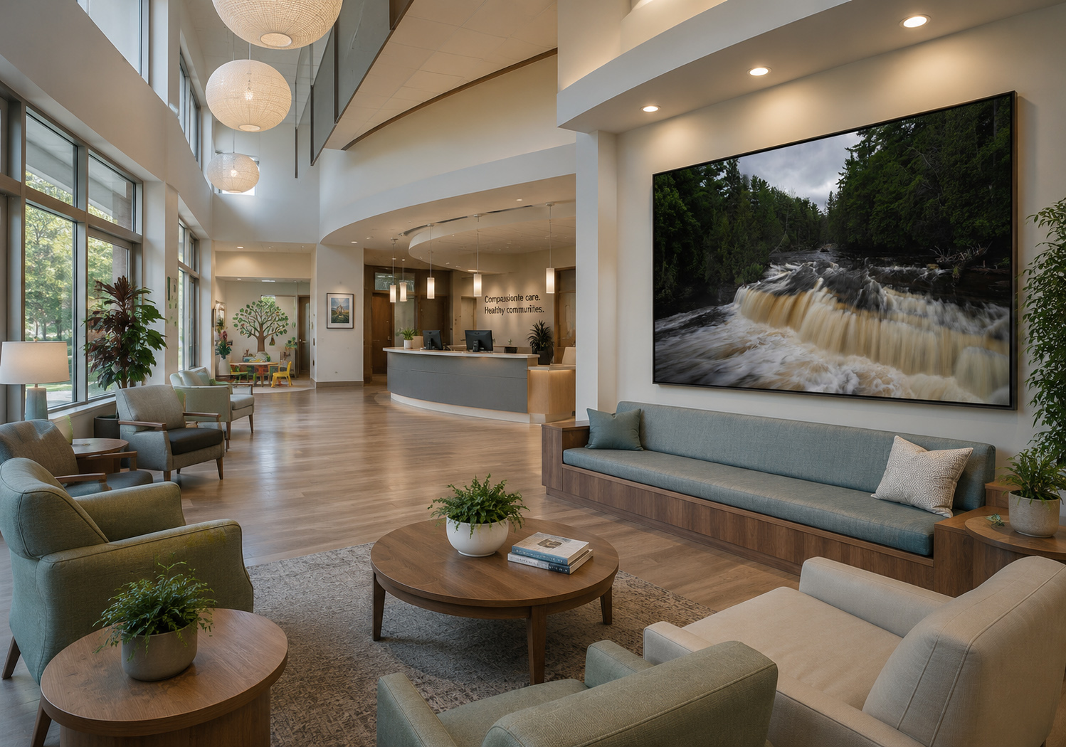 Large waiting room with Lower Tahquamenon Falls Cascades artwork by Dan Sproul