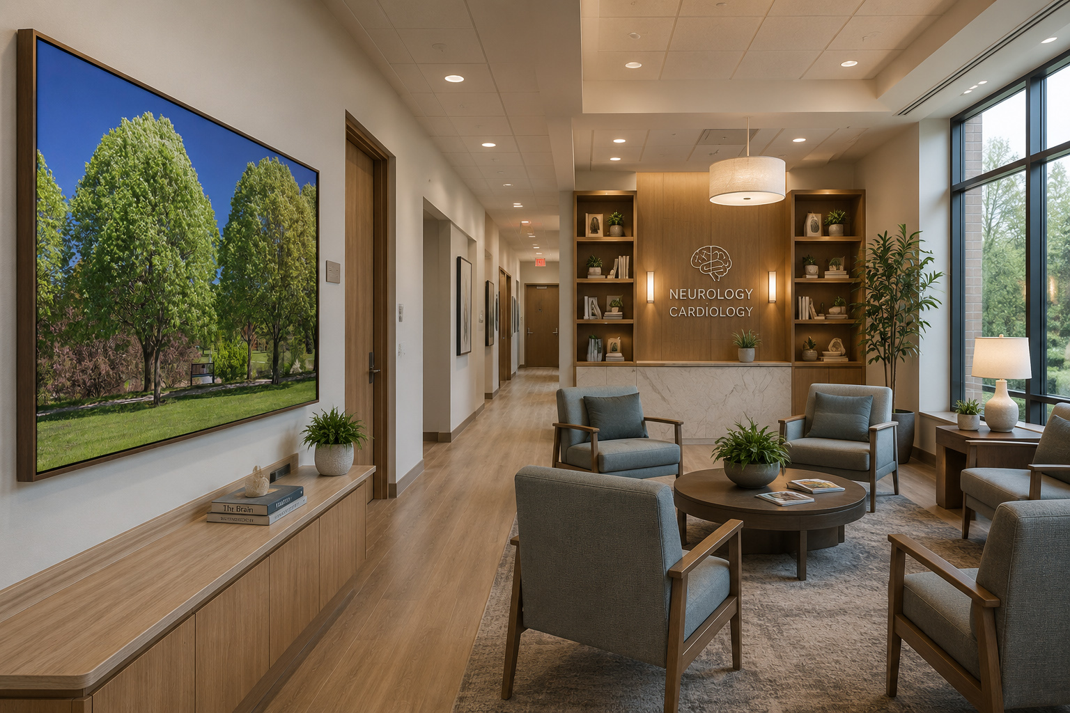 Specialty office waiting room with spring garden park bench artwork by Dan Sproul
