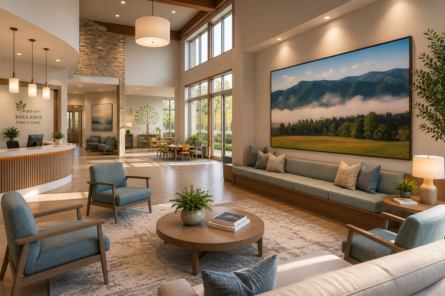 Family medicine waiting room with foggy Smoky Mountains landscape artwork by Dan Sproul
