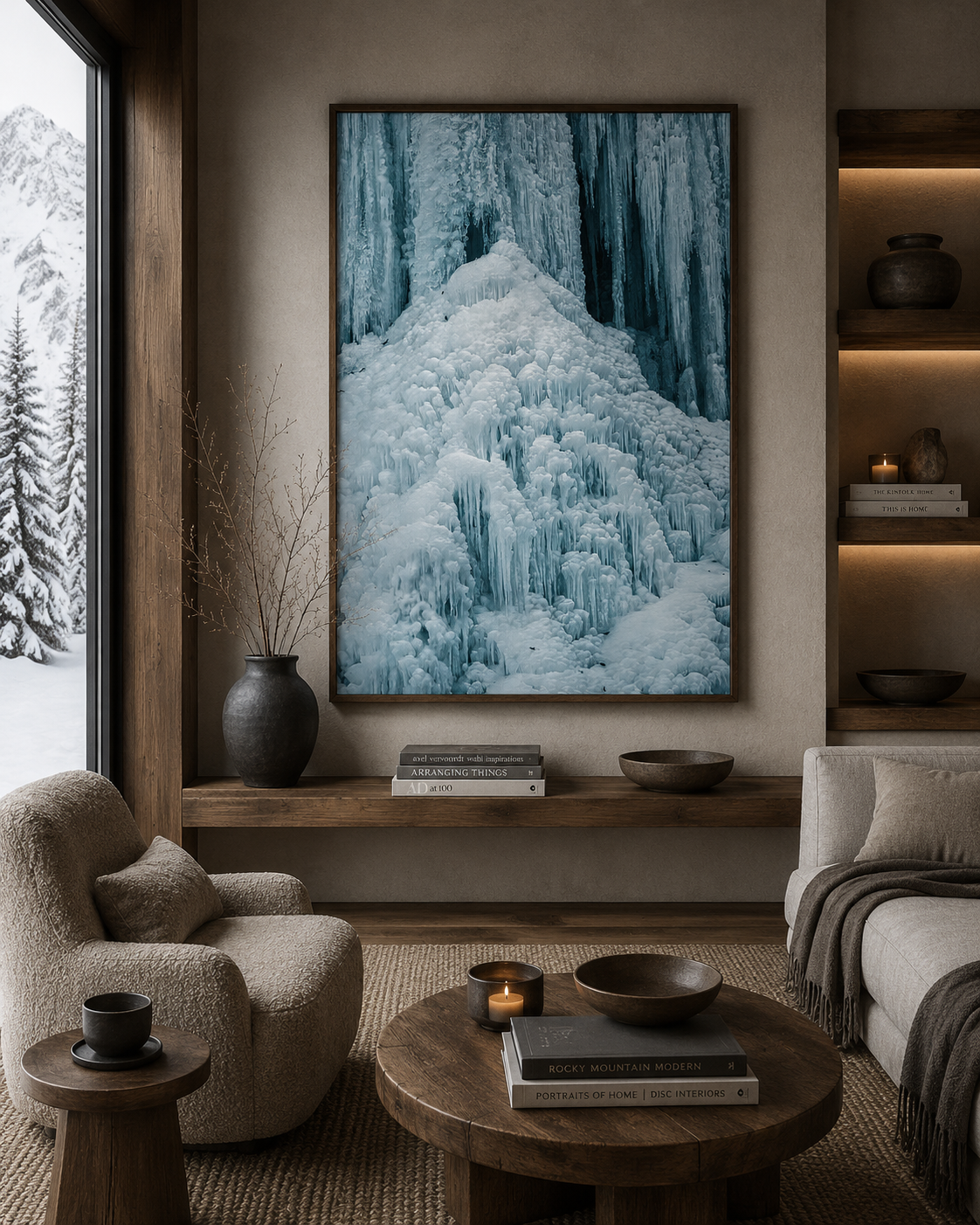 Frozen waterfall winter photography in warm residential interior mockup by Dan Sproul