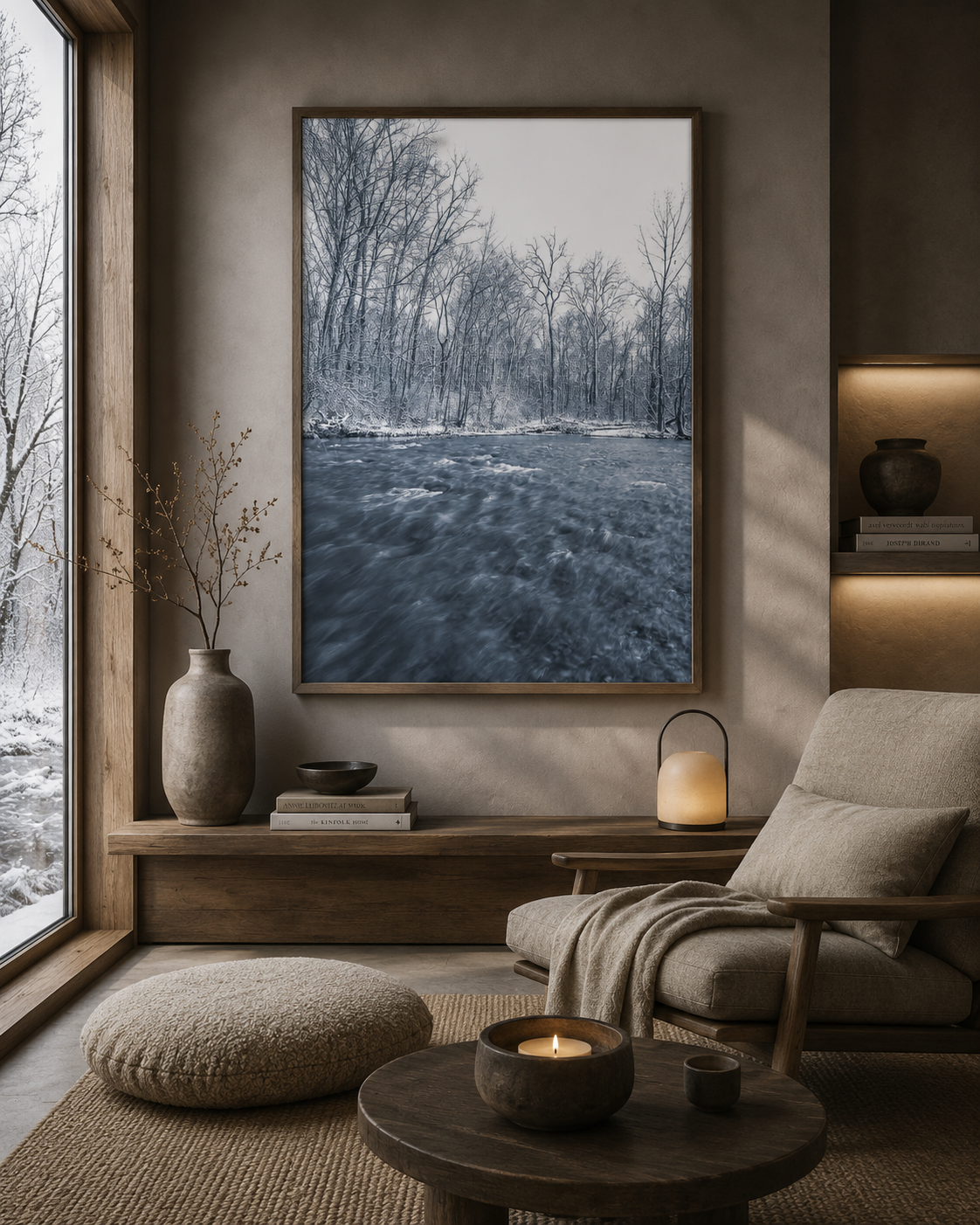 Vertical winter river photography in cozy residential reading space mockup by Dan Sproul