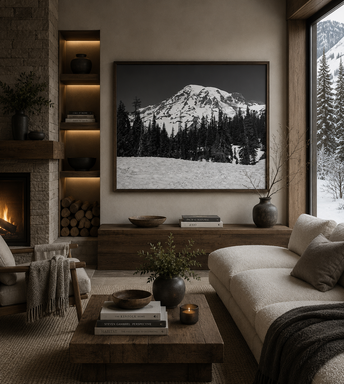 Black and white snow mountain photography in residential winter living room mockup by Dan Sproul